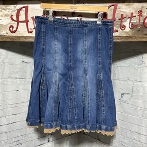 Kikit Jeans Denim Flare Lace Trim Skirt Ladies 10 Women's Medium Midi Skirt